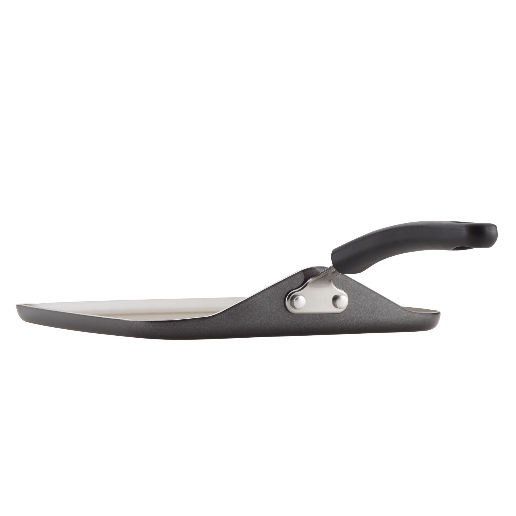 Side view of an 11-Inch Nonstick Square Griddle in black, showcasing a flat base and curved handle, equipped with DiamondMax nonstick technology for effortless food release.