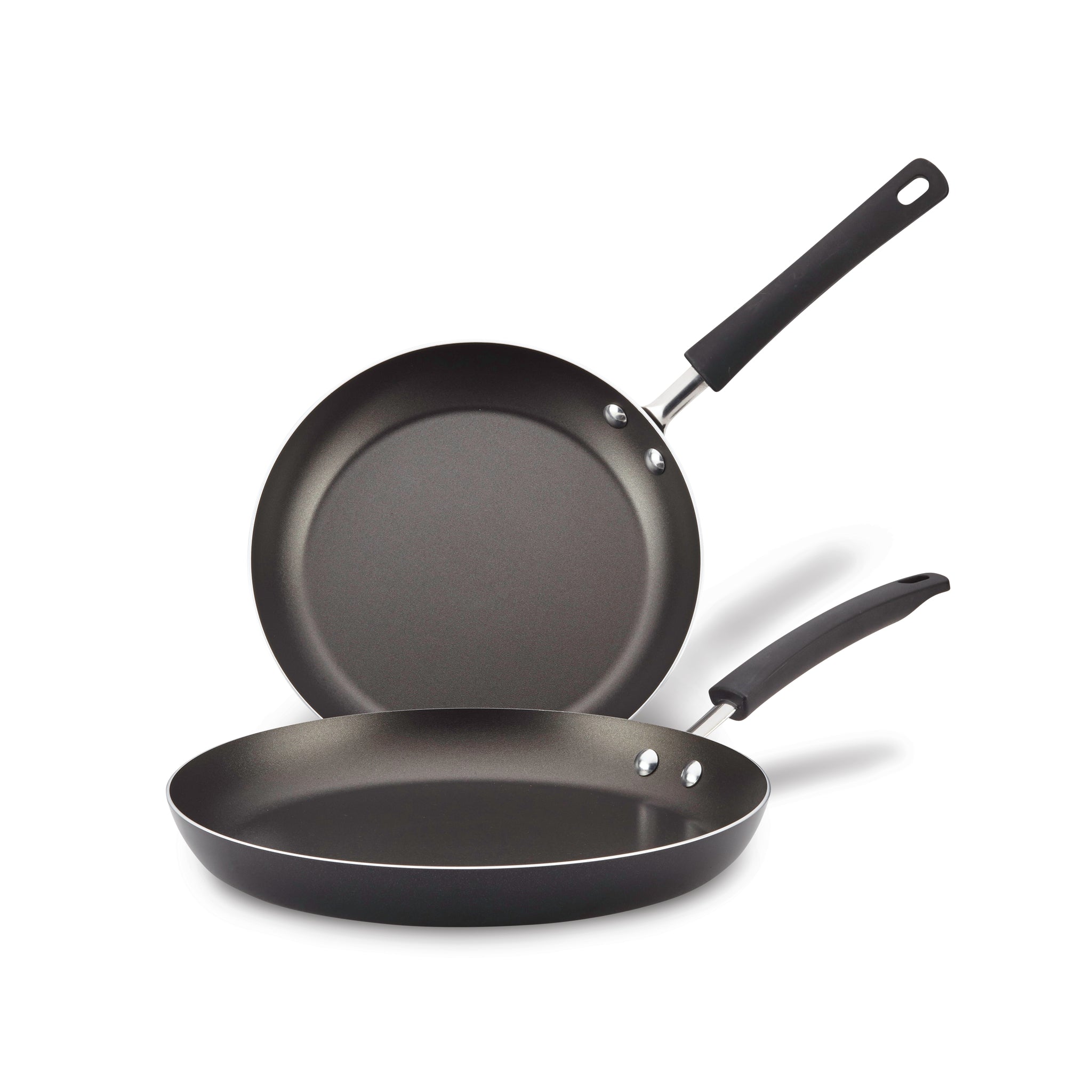 A set of two black nonstick frying pans with handles, featuring the Farberware Easy Clean surface, is displayed against a white background.