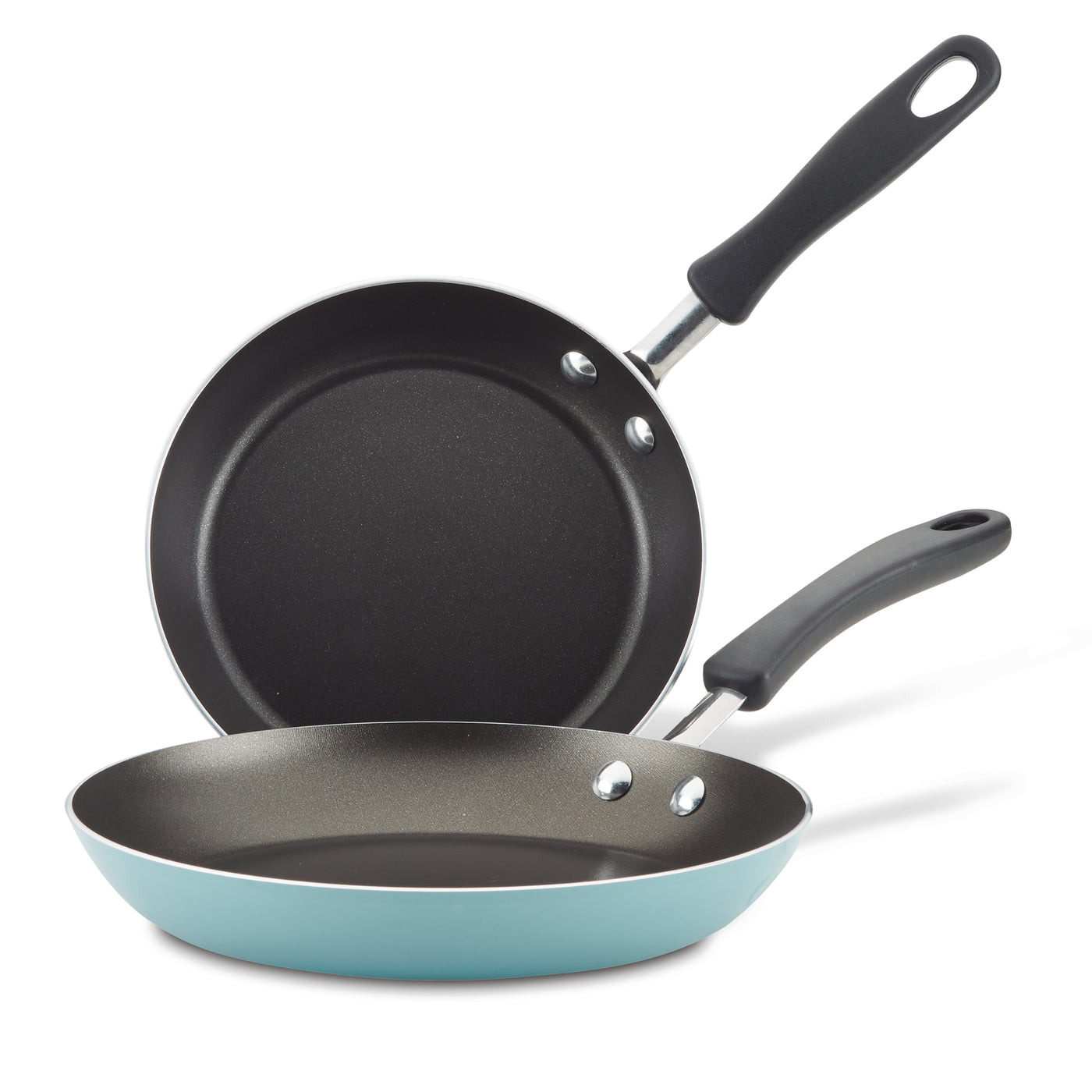 Two stacking frying pans with ceramic nonstick surfaces and black handles, from the Nonstick Frying Pan Set.