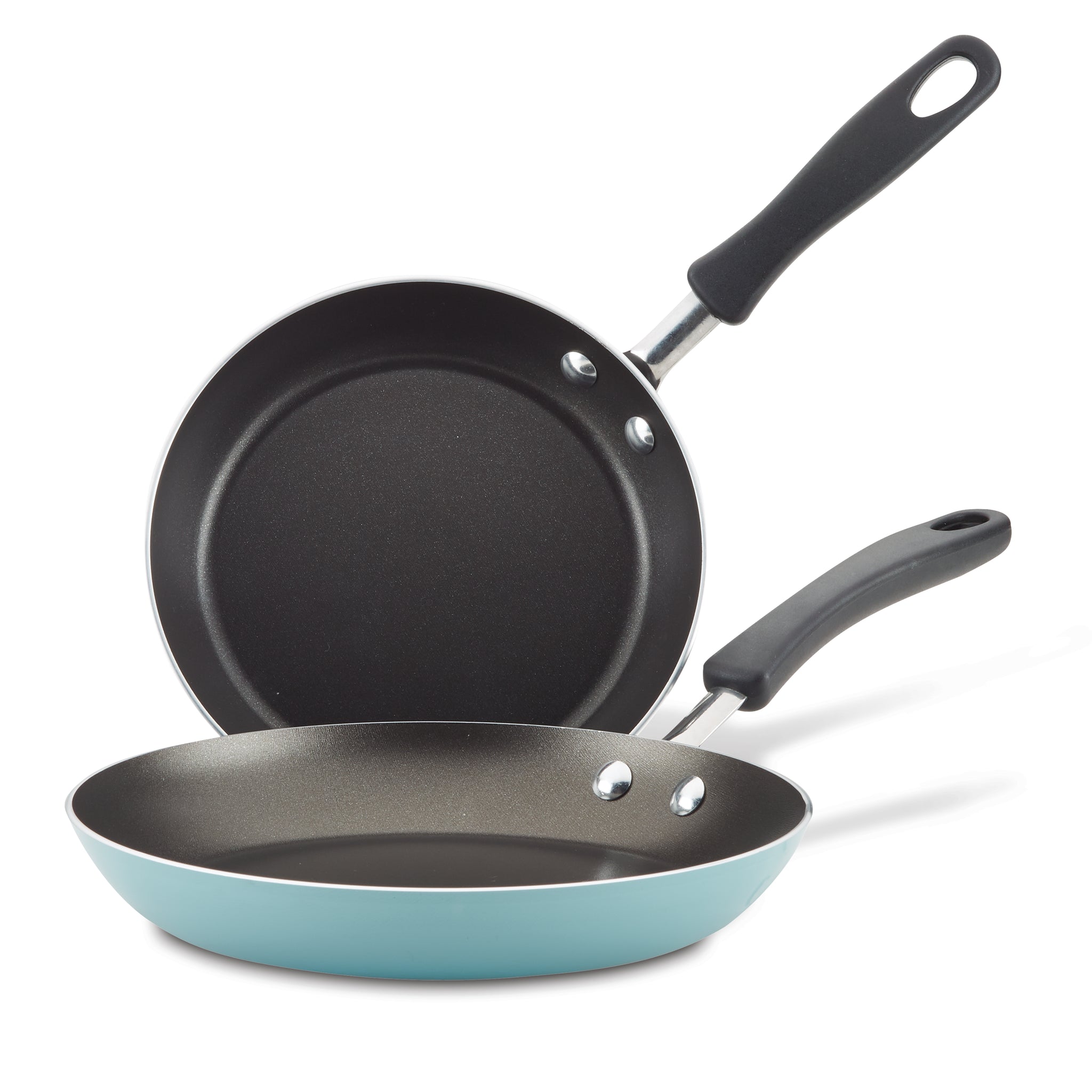 Two stacking frying pans with ceramic nonstick surfaces and black handles, from the Nonstick Frying Pan Set.