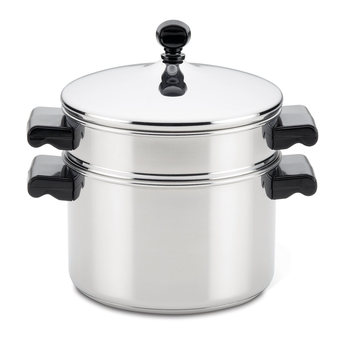 Classic Series Stainless Steel 3-Qt. Saucepot with black handles, lid, and convenient steamer insert.