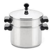 Classic Series Stainless Steel 3-Qt. Saucepot with black handles, lid, and convenient steamer insert.