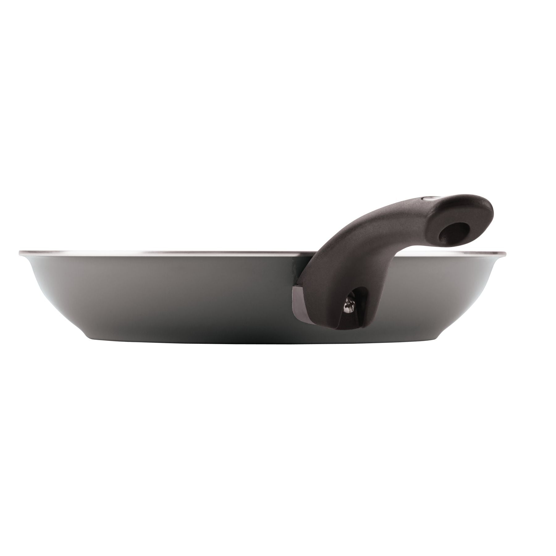 Side view of a high-performance frying pan from the 12-Piece Nonstick Cookware Set, featuring a sleek black design and a curved handle.