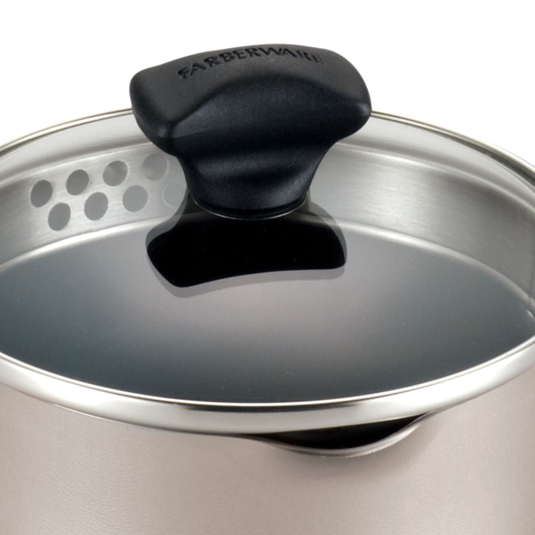 A detailed view of the Nonstick Saucepan with Straining Lid, featuring a durable black handle and steam holes, highlighted by its dishwasher safe design.