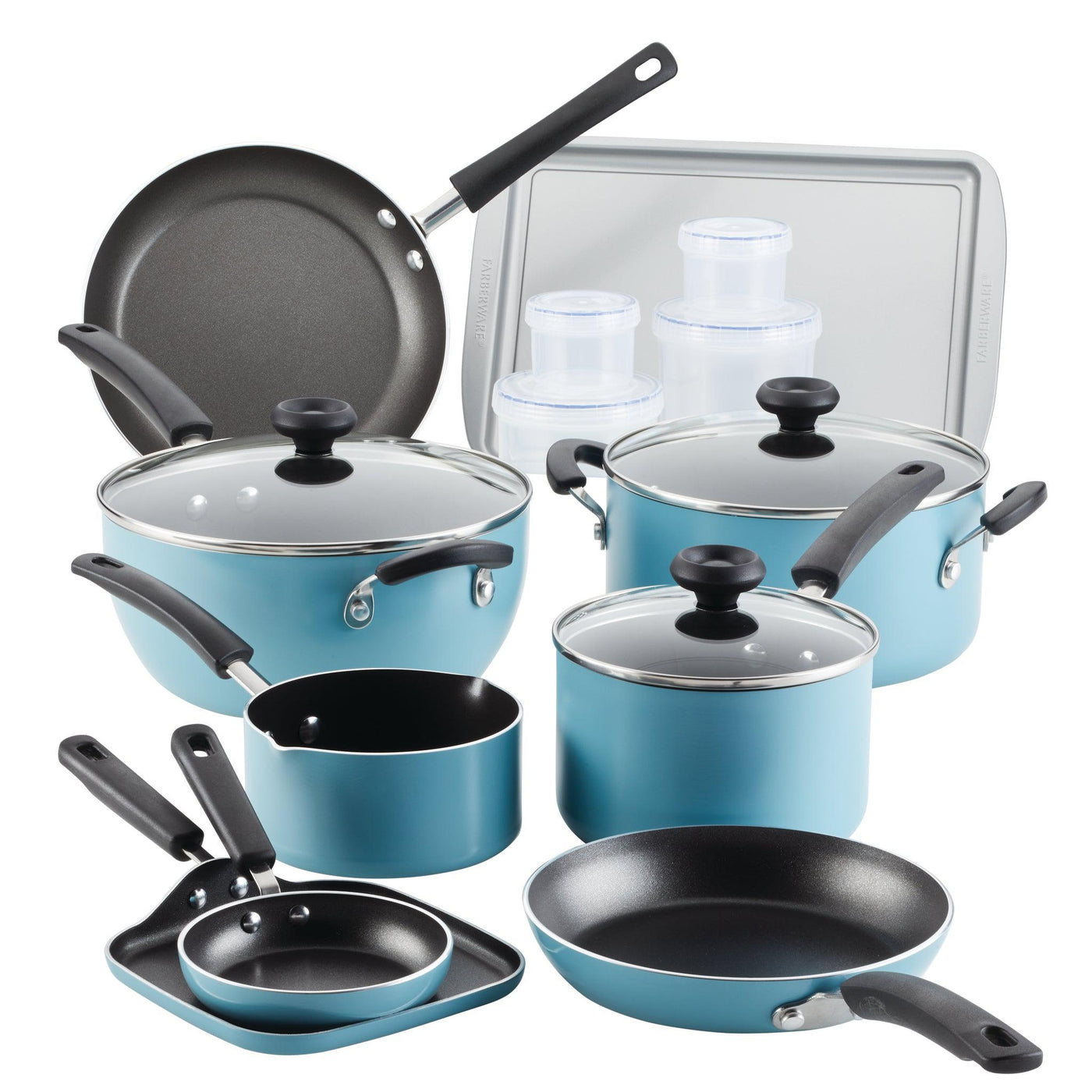 20-Piece Nonstick Cookware Set in blue featuring pots, pans, lids, a baking tray, and containers.