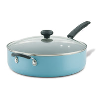The 6-Quart Nonstick Jumbo Cooker features a sleek blue nonstick surface, a glass lid, and black handles, making it ideal for preparing one-pan meals.