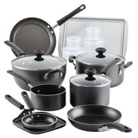 A 20-piece nonstick cookware set that includes various pots, pans, baking sheets, and glass lids.
