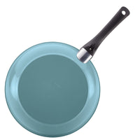 Top view of a high-performance frying pan with a black handle from the 12-Piece Nonstick Cookware Set in teal.