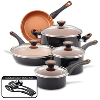 The 12-Piece Copper Ceramic Nonstick Cookware Set boasts a stylish black and copper design with CopperSlide technology for smooth cooking. It comes with glass lids and kitchen utensils, and is also dishwasher safe for hassle-free cleaning.