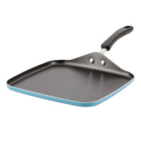 The 11-Inch Nonstick Square Griddle by Farberware showcases an Aluminum DiamondMax Nonstick surface, providing outstanding durability with its square design and elegant black handle.