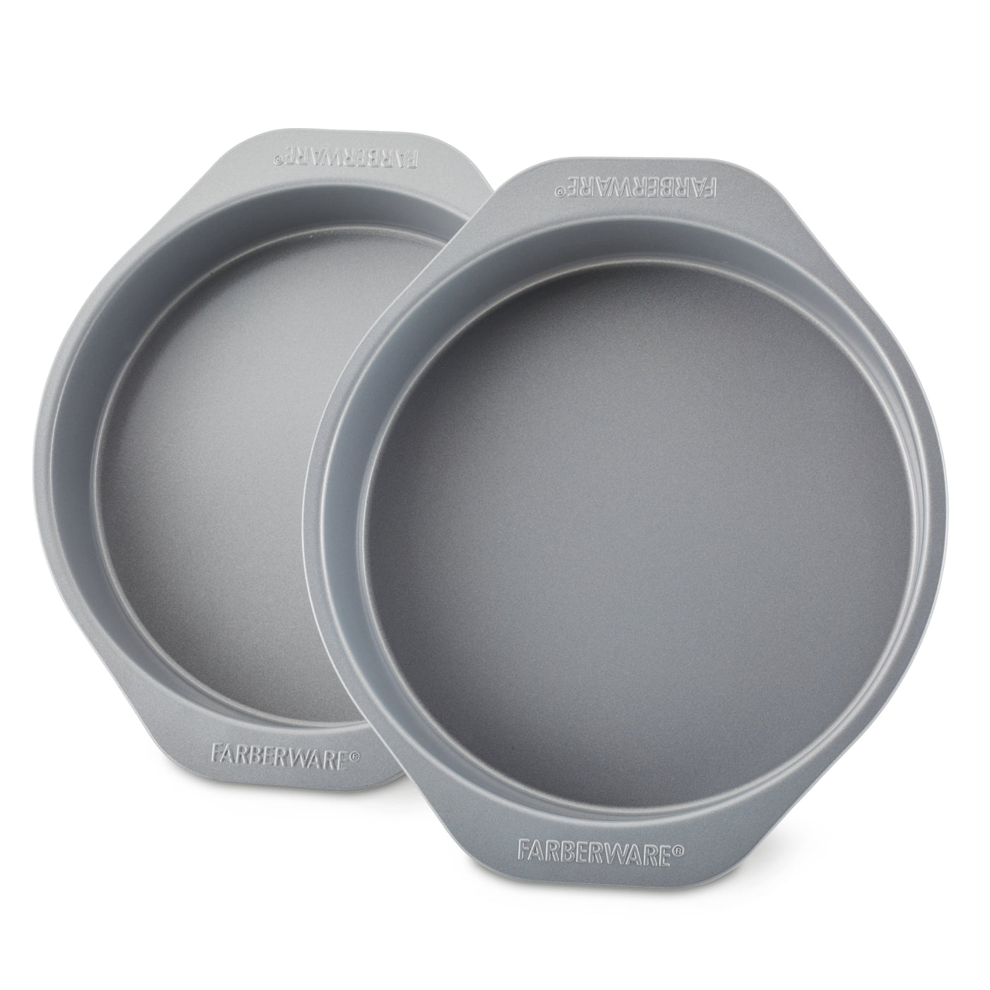 The 2-Piece Nonstick Round Cake Pan Set, featuring two gray metal pans made of heavy-gauge steel with handles, ensures even heating and can be stacked slightly offset.