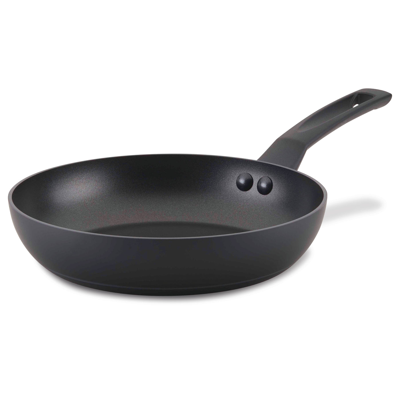 The 10-Inch Frying Pan, featuring a sleek black design and a sturdy handle, rests on a white background. It proudly showcases a nonstick surface for easy cooking and cleaning.