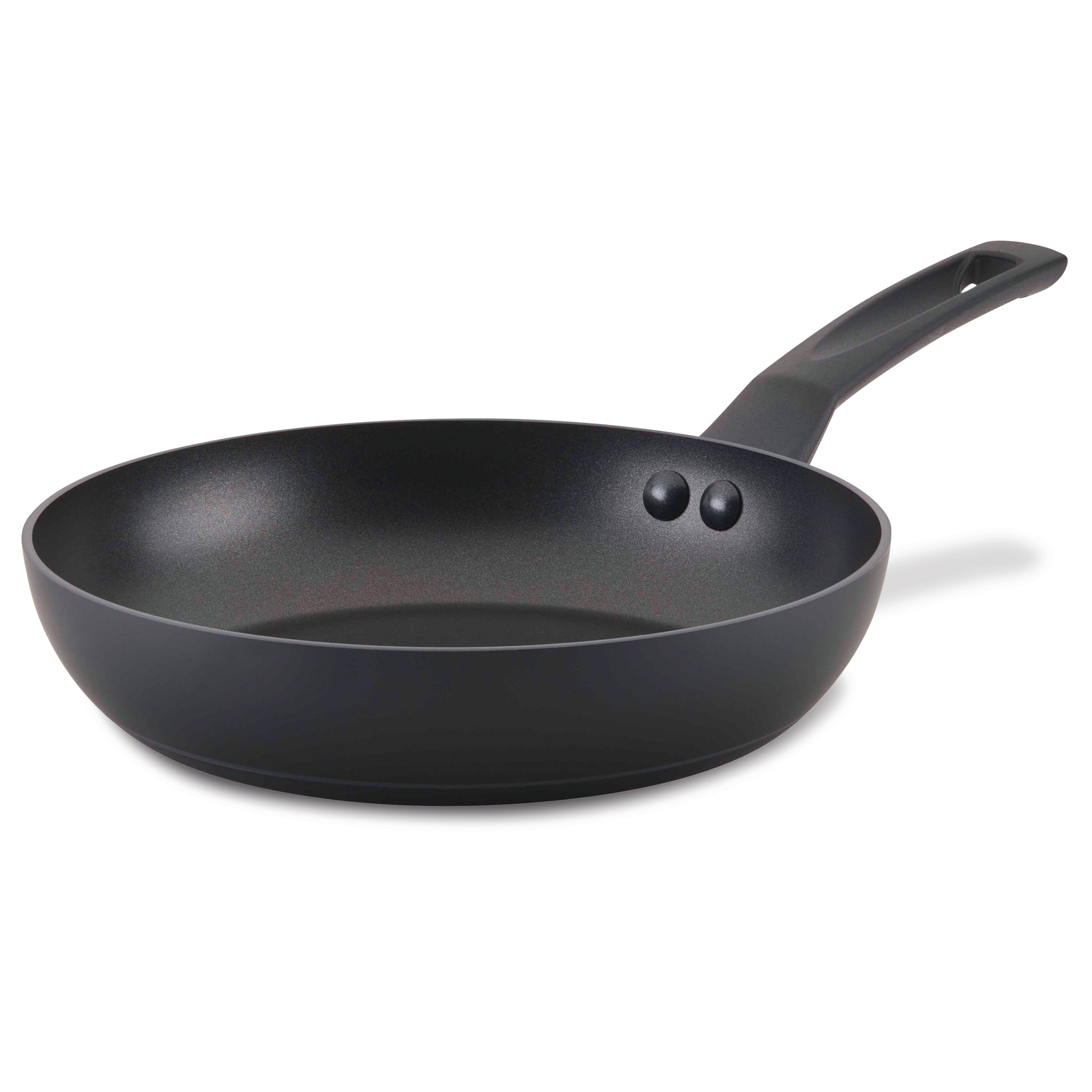 The 10-Inch Frying Pan, featuring a sleek black design and a sturdy handle, rests on a white background. It proudly showcases a nonstick surface for easy cooking and cleaning.