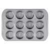 A top-down view of a silver-finished Muffin Pan, designed for baking 12 blueberry muffins.