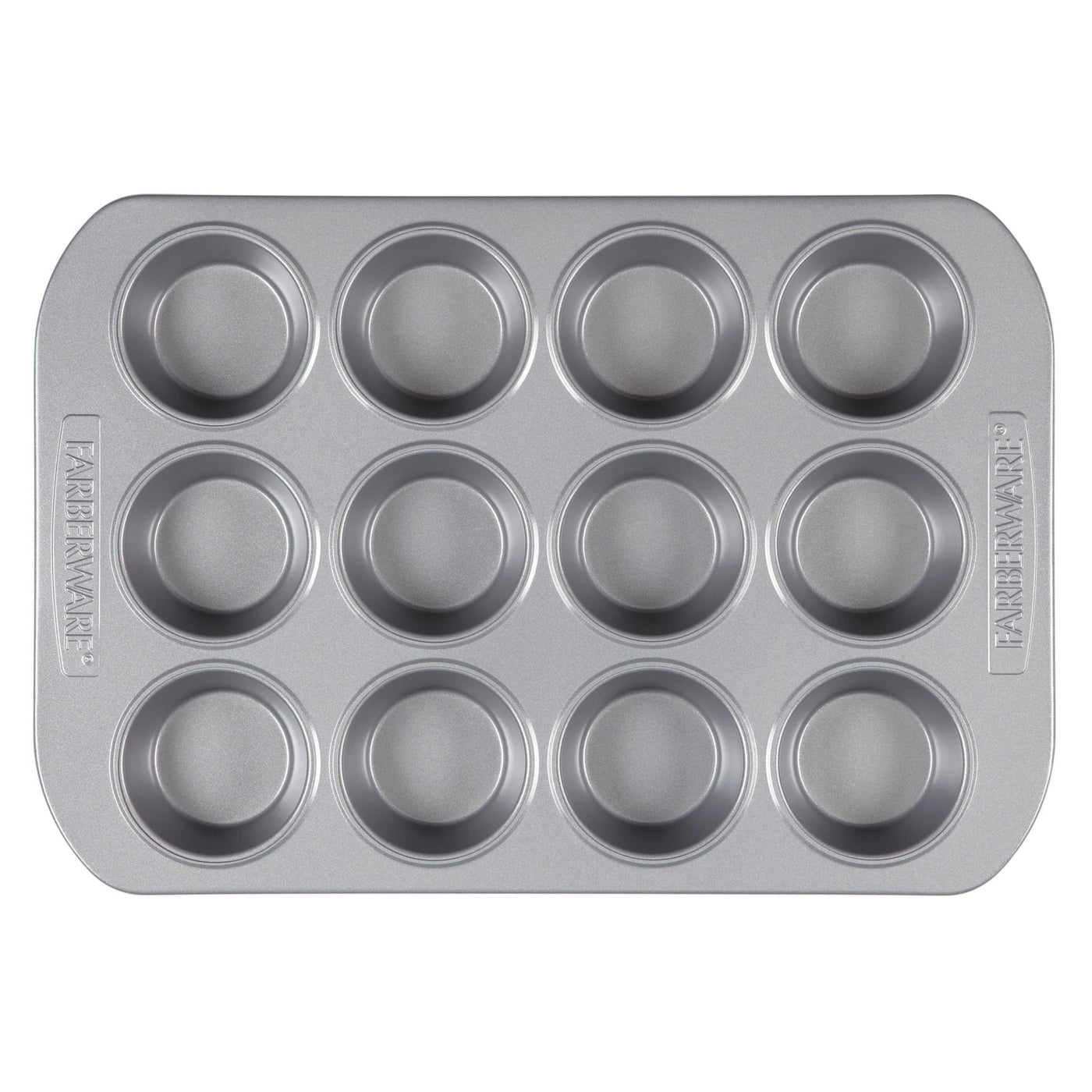 A top-down view of a silver-finished Muffin Pan, designed for baking 12 blueberry muffins.