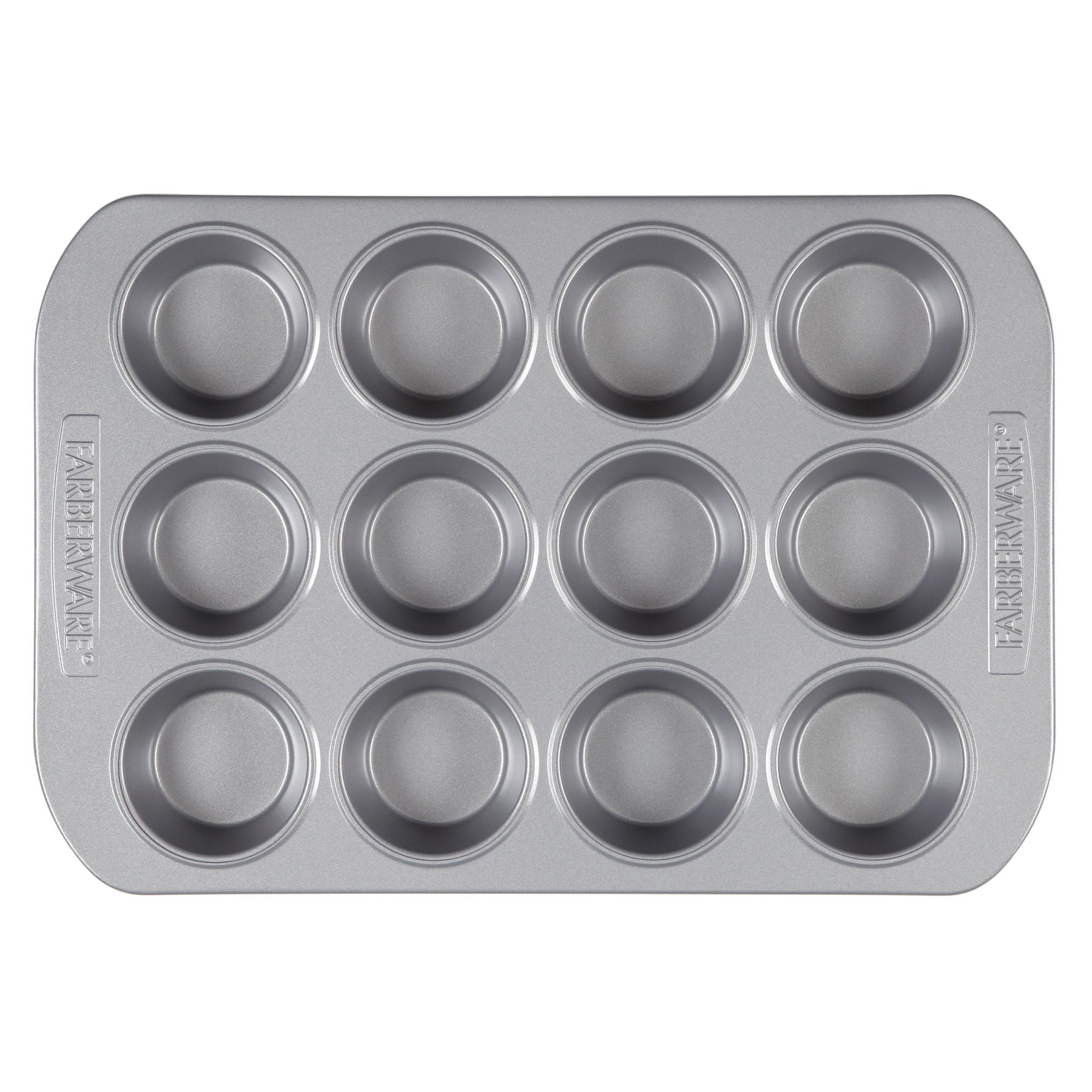A top-down view of a silver-finished Muffin Pan, designed for baking 12 blueberry muffins.