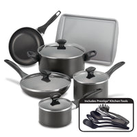 The 15-Piece Nonstick Cookware Set includes aluminum pots, pans, a baking sheet, and kitchen utensils, all with a nonstick finish.