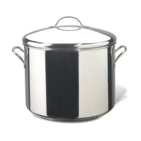 The Classic Series Stainless Steel Stockpot With Lid, featuring durable handles, is set against a white background to ensure long-lasting performance.