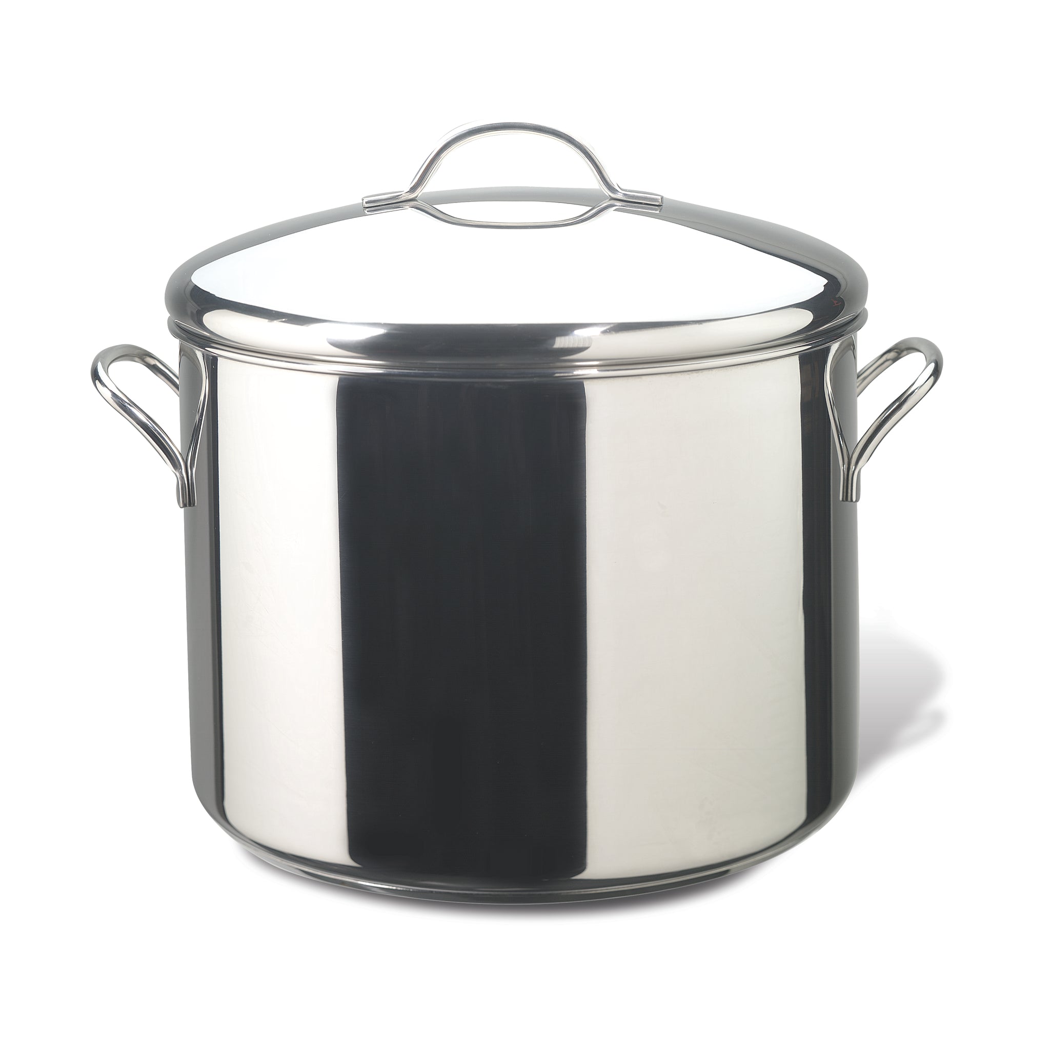 The Classic Series Stainless Steel Stockpot With Lid, featuring durable handles, is set against a white background to ensure long-lasting performance.