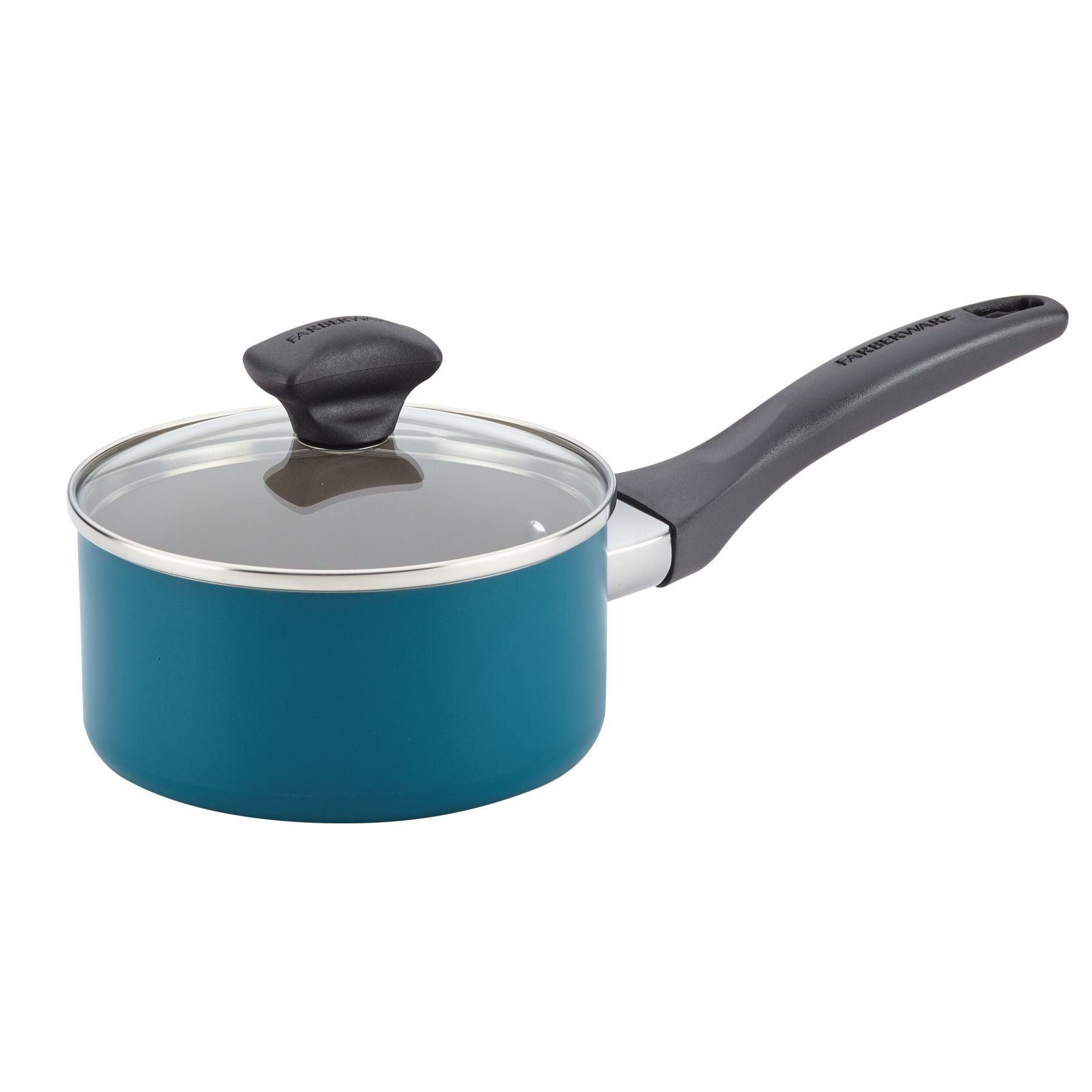 A blue aluminum saucepan with a lid and a long black handle, part of the 15-Piece Nonstick Cookware Set, perfect for all your cooking needs.