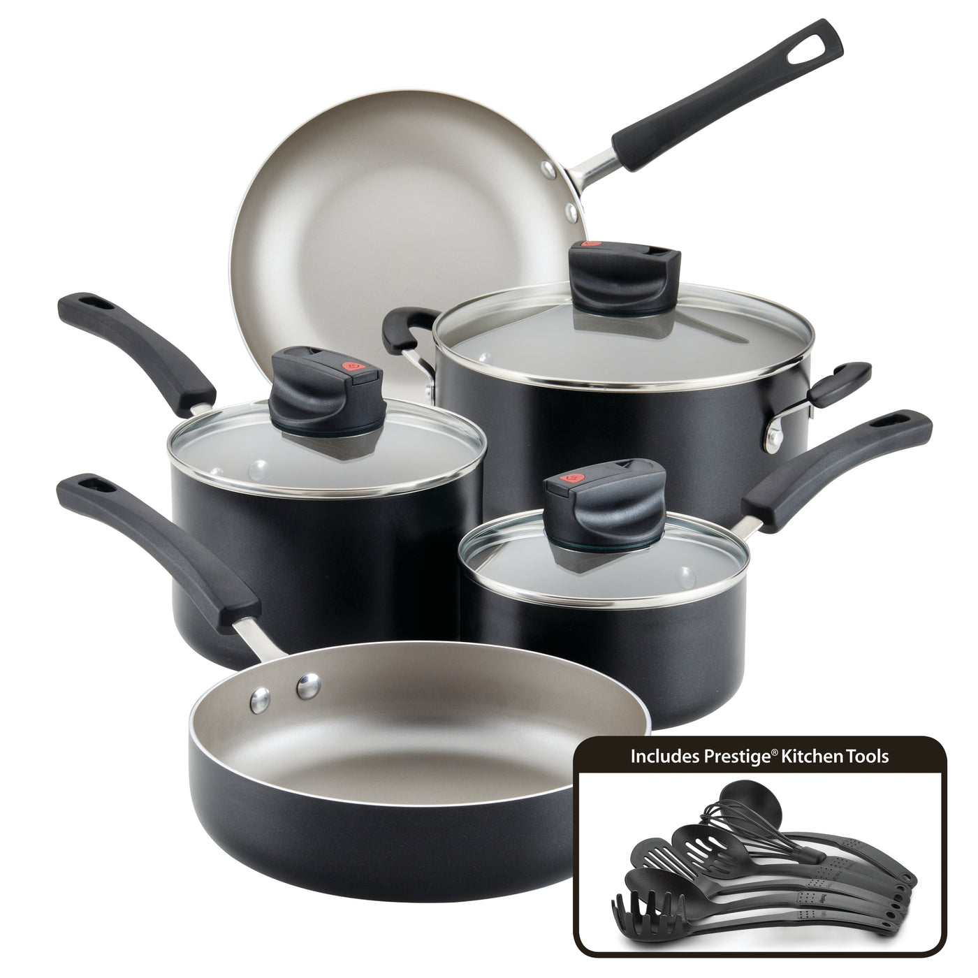 A 14-piece set of black and silver non-stick pots, pans, and kitchen utensils featuring Farberware Smart Control with advanced steam vent technology.