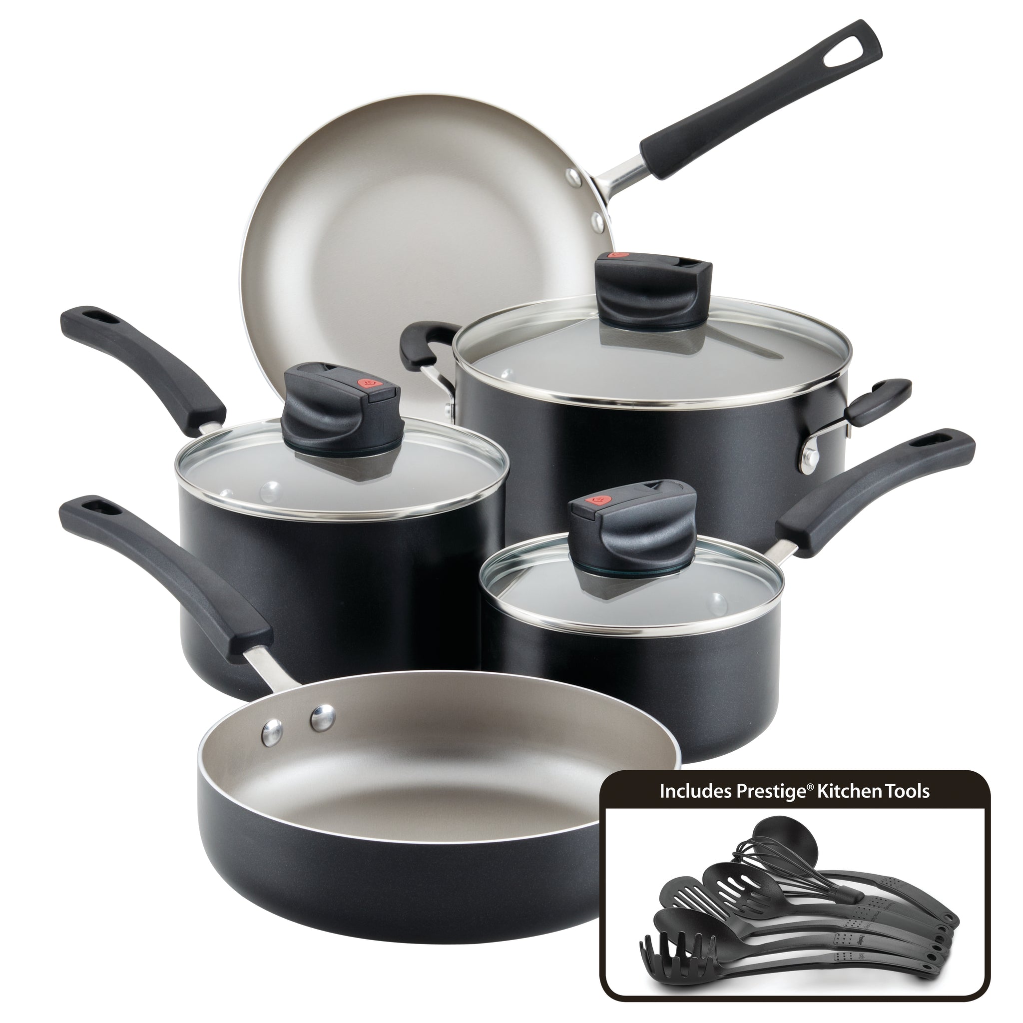 A 14-piece set of black and silver non-stick pots, pans, and kitchen utensils featuring Farberware Smart Control with advanced steam vent technology.