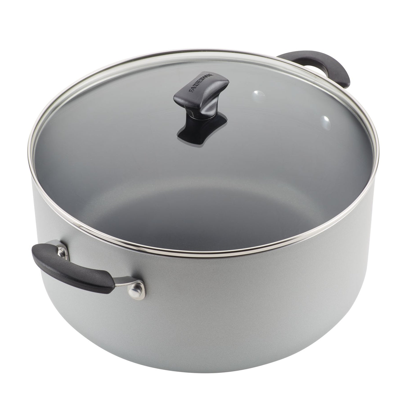 10.5-Quart Nonstick Stockpot featuring a glass lid and black handles, ideal for cooking family-sized portions. It's also dishwasher safe for easy cleanup.