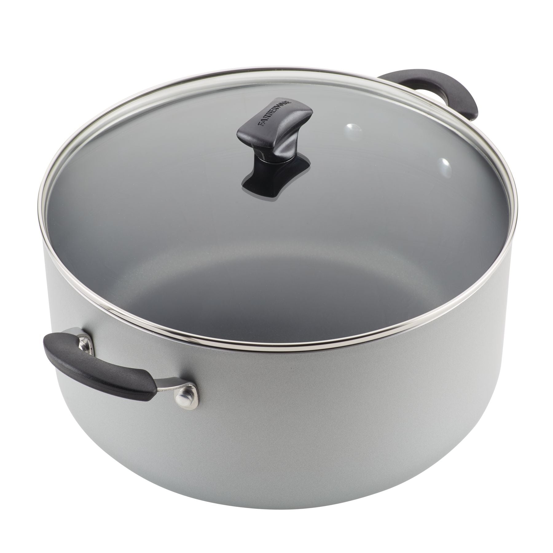 10.5-Quart Nonstick Stockpot featuring a glass lid and black handles, ideal for cooking family-sized portions. It's also dishwasher safe for easy cleanup.
