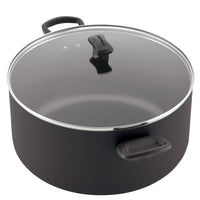 10.5-Quart Nonstick Stockpot with glass lid and handles shown on a white background, ideal for preparing family-sized meals. Dishwasher safe for effortless cleanup.