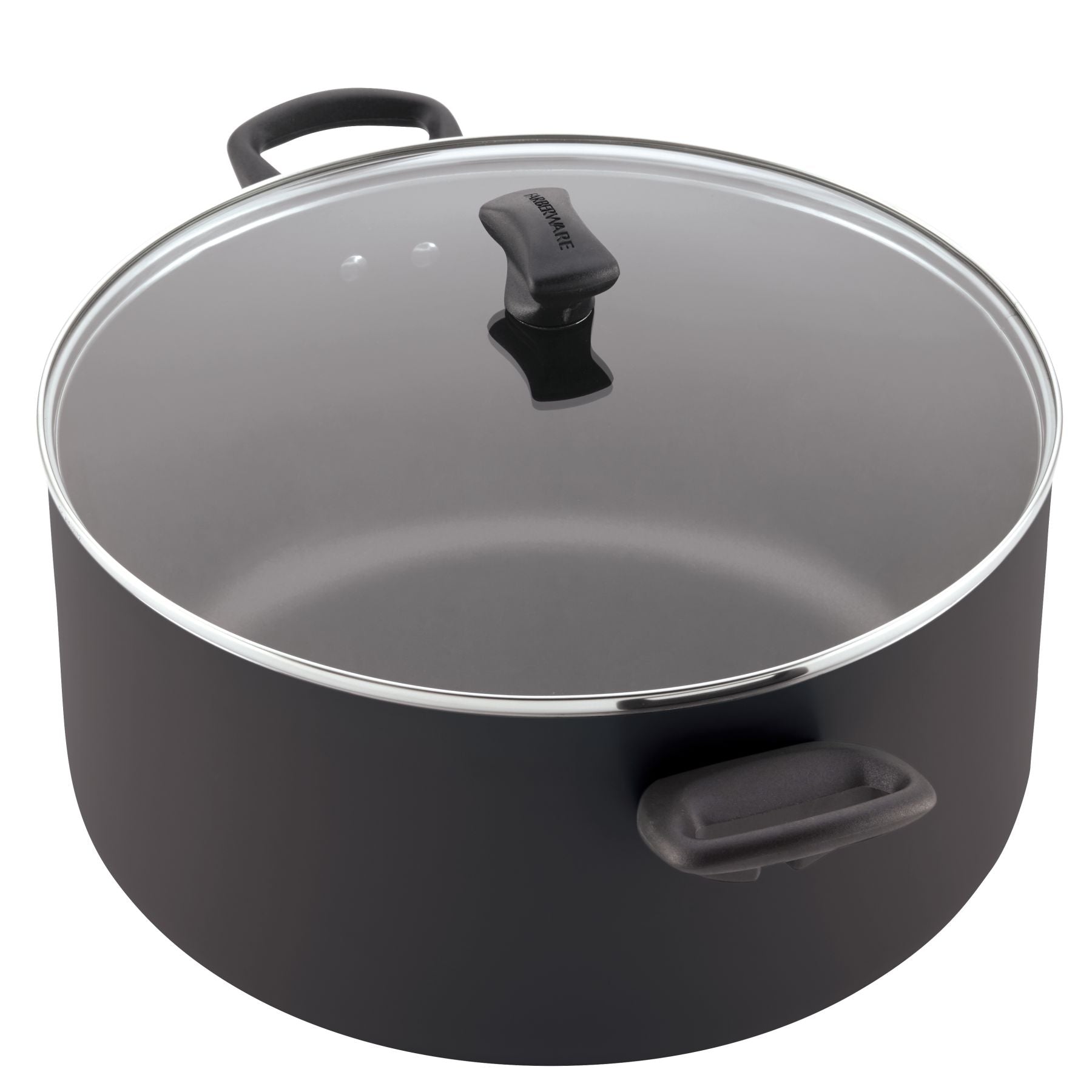 10.5-Quart Nonstick Stockpot with glass lid and handles shown on a white background, ideal for preparing family-sized meals. Dishwasher safe for effortless cleanup.