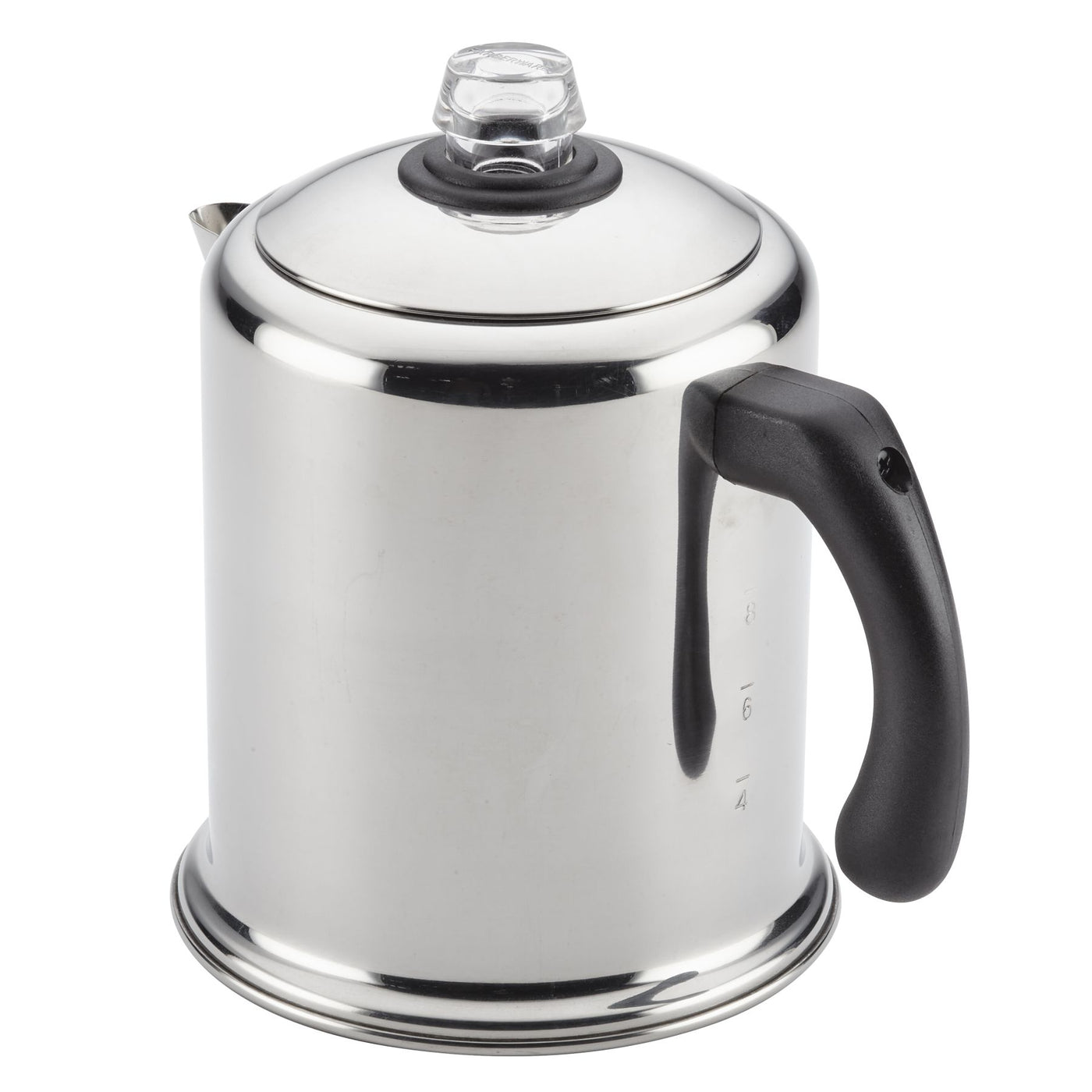 The Yosemite Percolator Coffee Maker is a sleek, heavy-duty stainless steel coffee maker featuring a black handle and a clear knob, complete with a permanent filter basket for easy brewing.