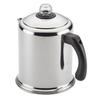 The Yosemite Percolator Coffee Maker is a sleek, heavy-duty stainless steel coffee maker featuring a black handle and a clear knob, complete with a permanent filter basket for easy brewing.