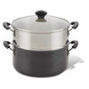 5.5-Quart Dutch Oven with Steamer Insert in black and silver, featuring a nonstick two-tier design and a stylish glass lid.