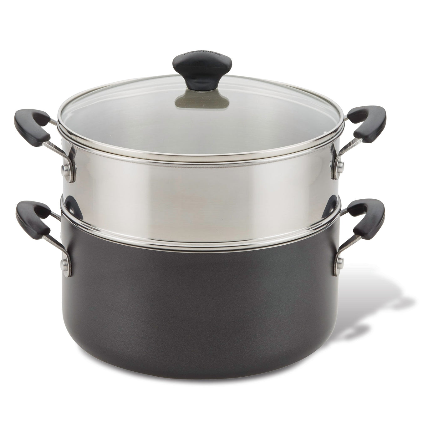 5.5-Quart Dutch Oven with Steamer Insert in black and silver, featuring a nonstick two-tier design and a stylish glass lid.