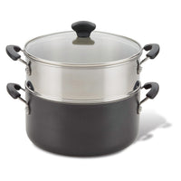 5.5-Quart Dutch Oven with Steamer Insert in black and silver, featuring a nonstick two-tier design and a stylish glass lid.