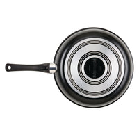 Part of the 12-Piece Copper Ceramic Nonstick Cookware Set, this black frying pan comes with a metal base and black handle, enhanced with CopperSlide technology for effortless cooking. The cookware is nonstick and dishwasher safe, making meal preparation and cleanup more convenient.