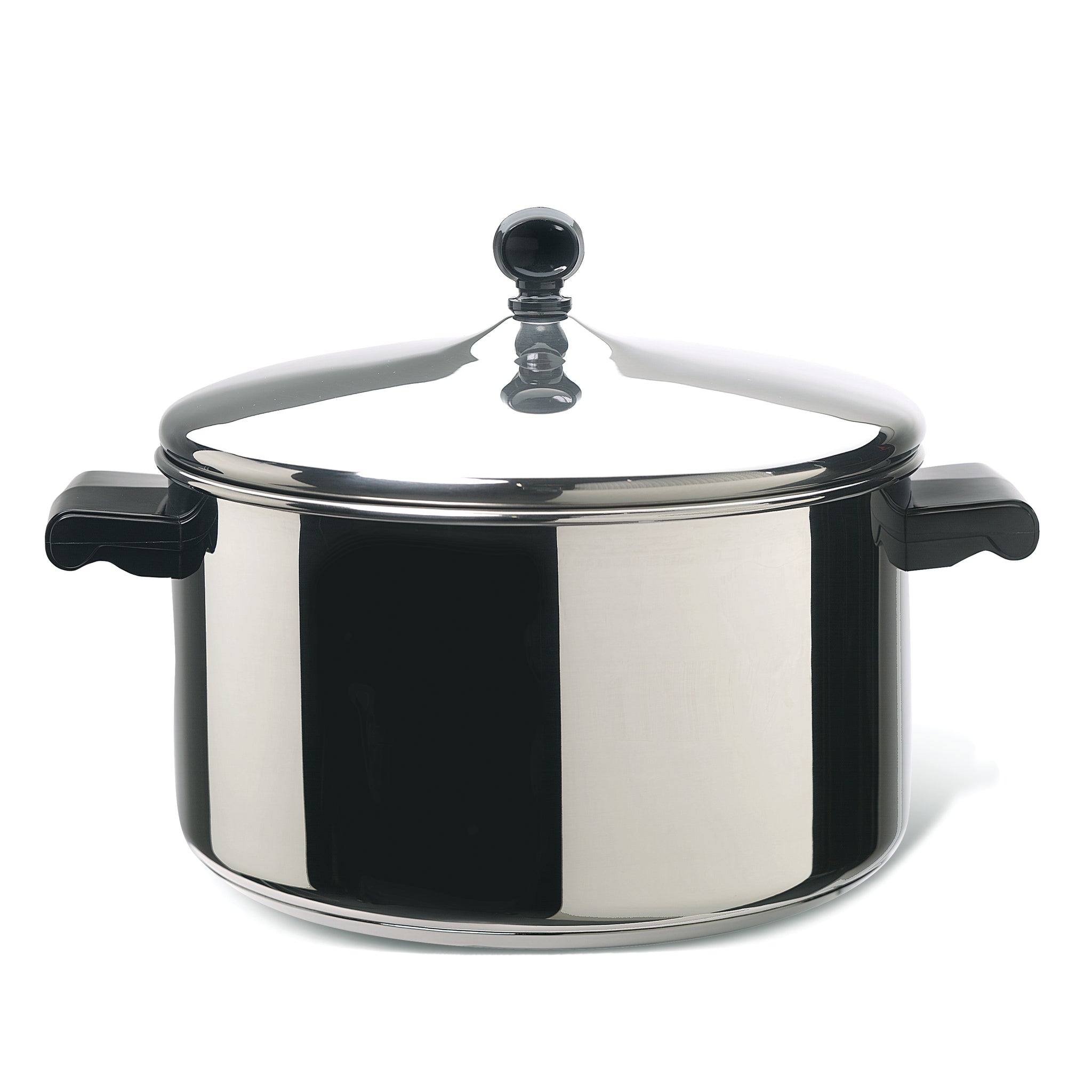 Enjoy the enduring performance of the Classic Series Stainless Steel Stockpot with Lid, complete with a sturdy lid and sleek black handles.