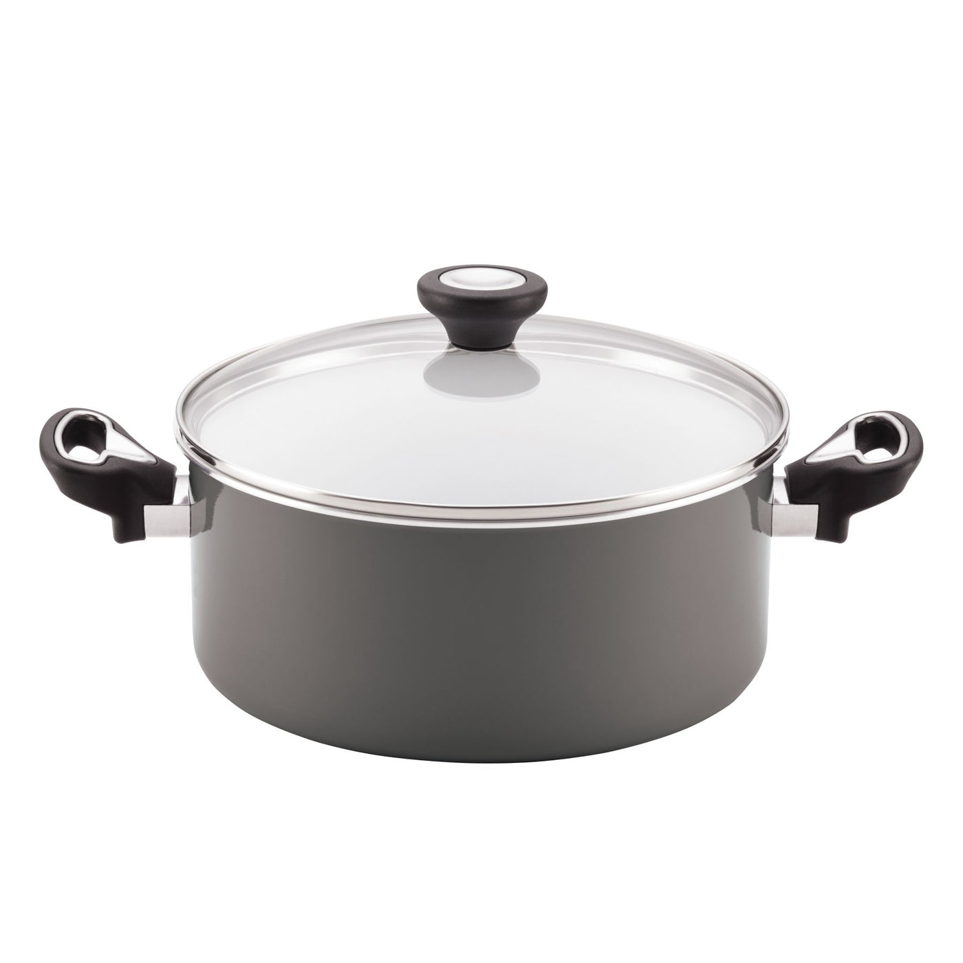 A gray pot with a lid, featuring black handles, part of the 12-Piece Nonstick Cookware Set, displayed on a white background.
