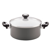 A gray pot with a lid, featuring black handles, part of the 12-Piece Nonstick Cookware Set, displayed on a white background.