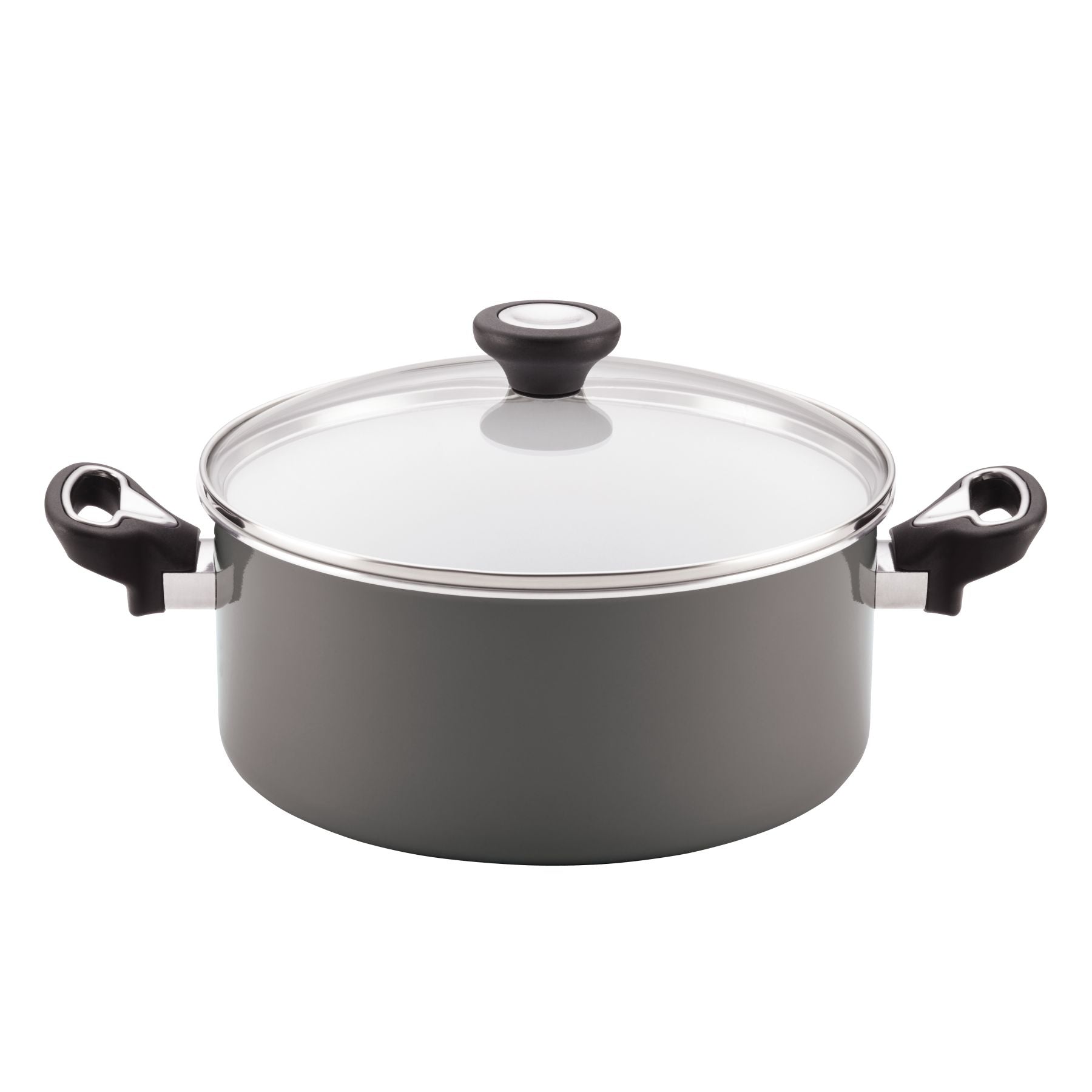 A gray pot with a lid, featuring black handles, part of the 12-Piece Nonstick Cookware Set, displayed on a white background.