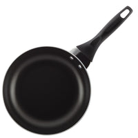 Part of the stylish 15-Piece Nonstick Cookware Set, this black frying pan boasts a durable aluminum construction and a sleek black handle, as seen from above.