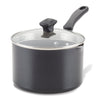 Nonstick Saucepan with Straining Lid in black, equipped with DiamondMax nonstick technology, a glass straining lid, and a black handle.