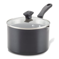 Nonstick Saucepan with Straining Lid in black, equipped with DiamondMax nonstick technology, a glass straining lid, and a black handle.