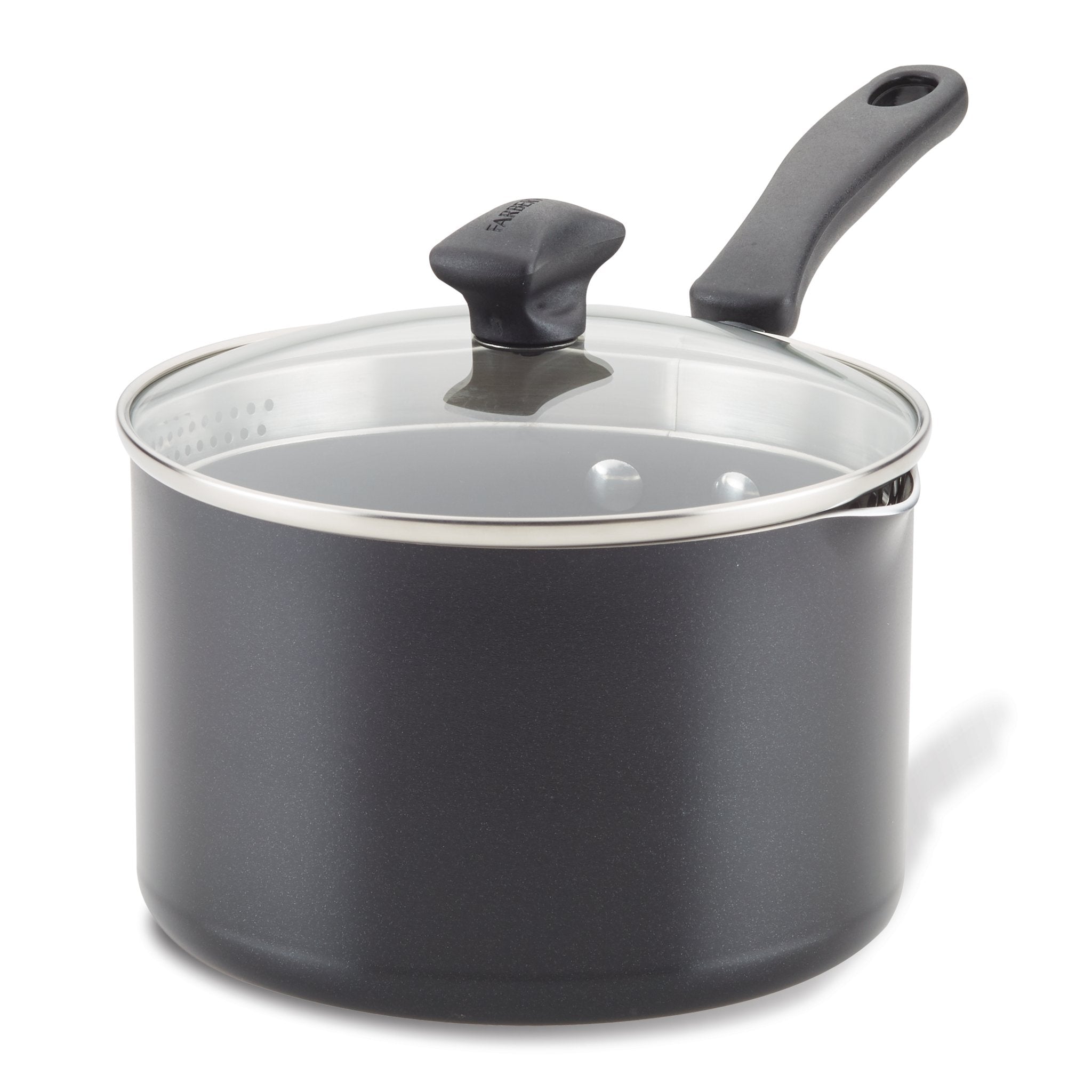 Nonstick Saucepan with Straining Lid in black, equipped with DiamondMax nonstick technology, a glass straining lid, and a black handle.