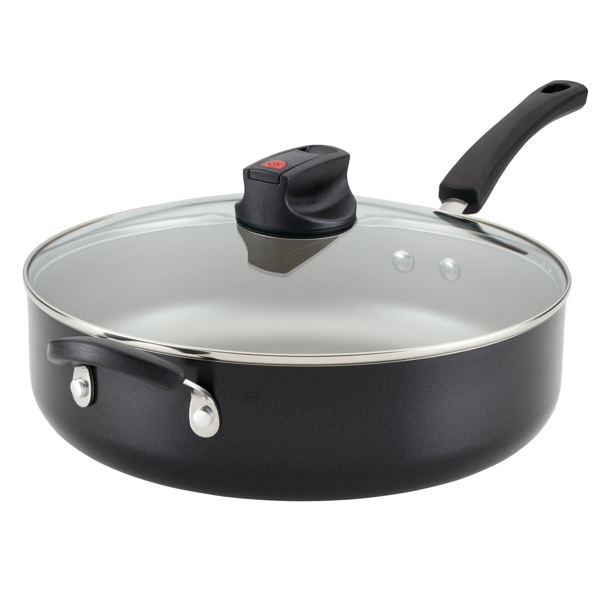The 6-Quart Nonstick Jumbo Cooker with Helper Handle showcases a sleek black design, complemented by a glass lid and side handles, and is equipped with DiamondMax nonstick technology for enhanced performance.