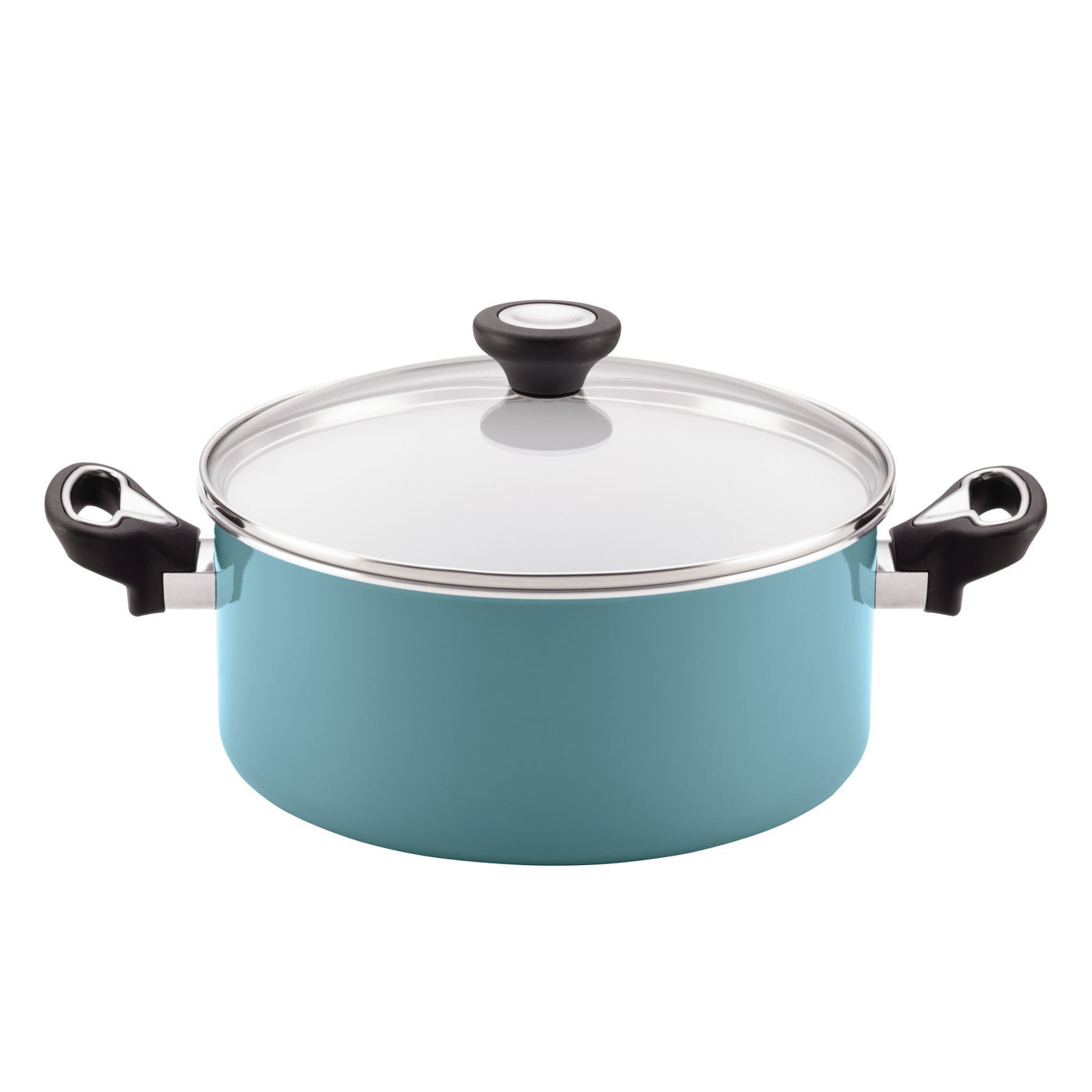 Part of the 12-Piece Nonstick Cookware Set, this teal pot with black handles and a glass lid offers high-performance kitchenware that makes your cooking both efficient and stylish.