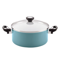 Part of the 12-Piece Nonstick Cookware Set, this teal pot with black handles and a glass lid offers high-performance kitchenware that makes your cooking both efficient and stylish.