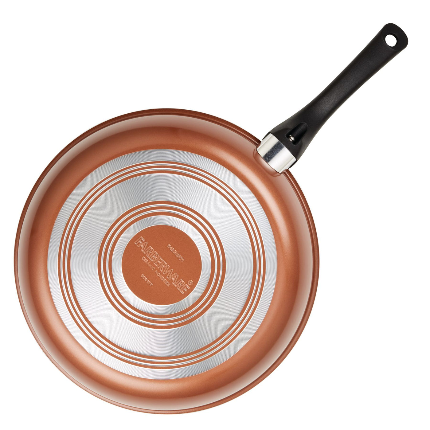 Overhead view of a copper frying pan from the 12-Piece Copper Ceramic Nonstick Cookware Set, featuring CopperSlide technology for seamless cooking, with a black handle.
