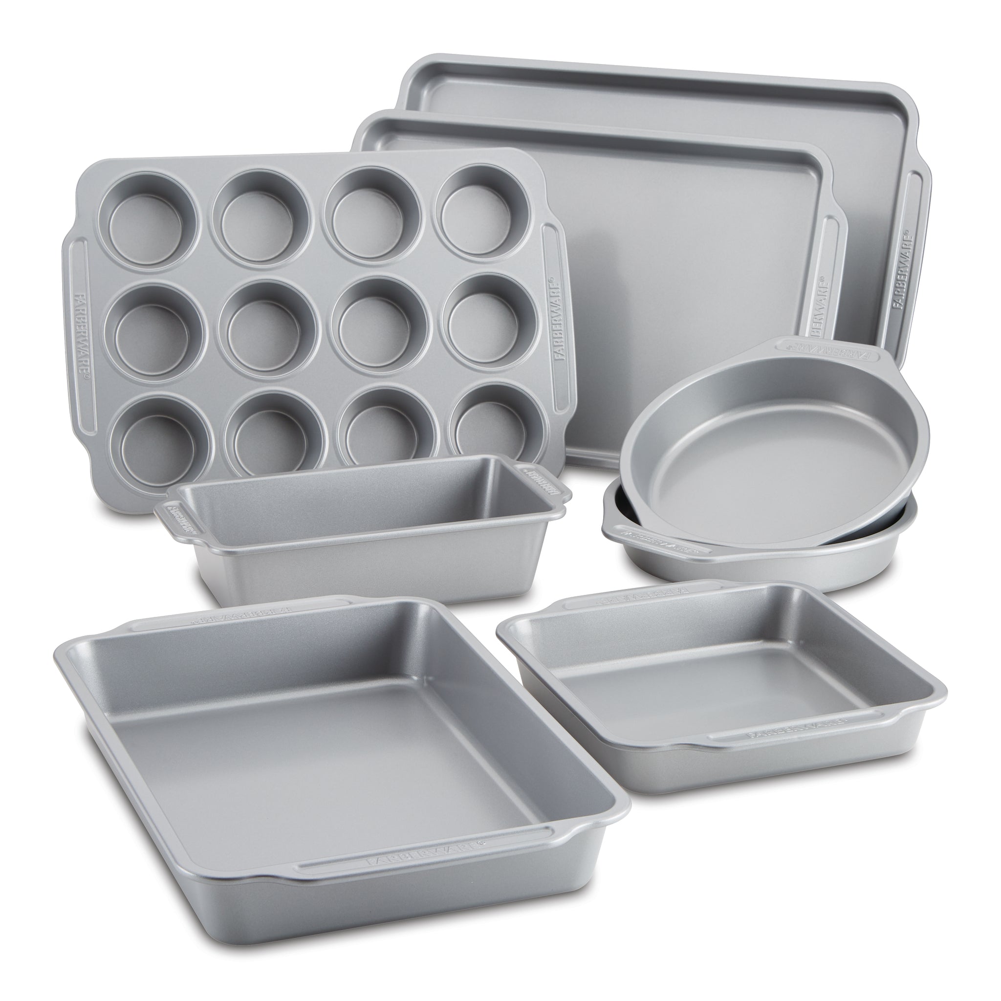 The 8-Piece Nonstick Bakeware Set is elegantly showcased on a white background, offering easy cleanup.