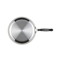 The Classic Series Stainless Steel 15-Piece Cookware Set includes a nonstick frying pan with a sleek black handle, designed for dishwasher-safe convenience that can be admired from above.
